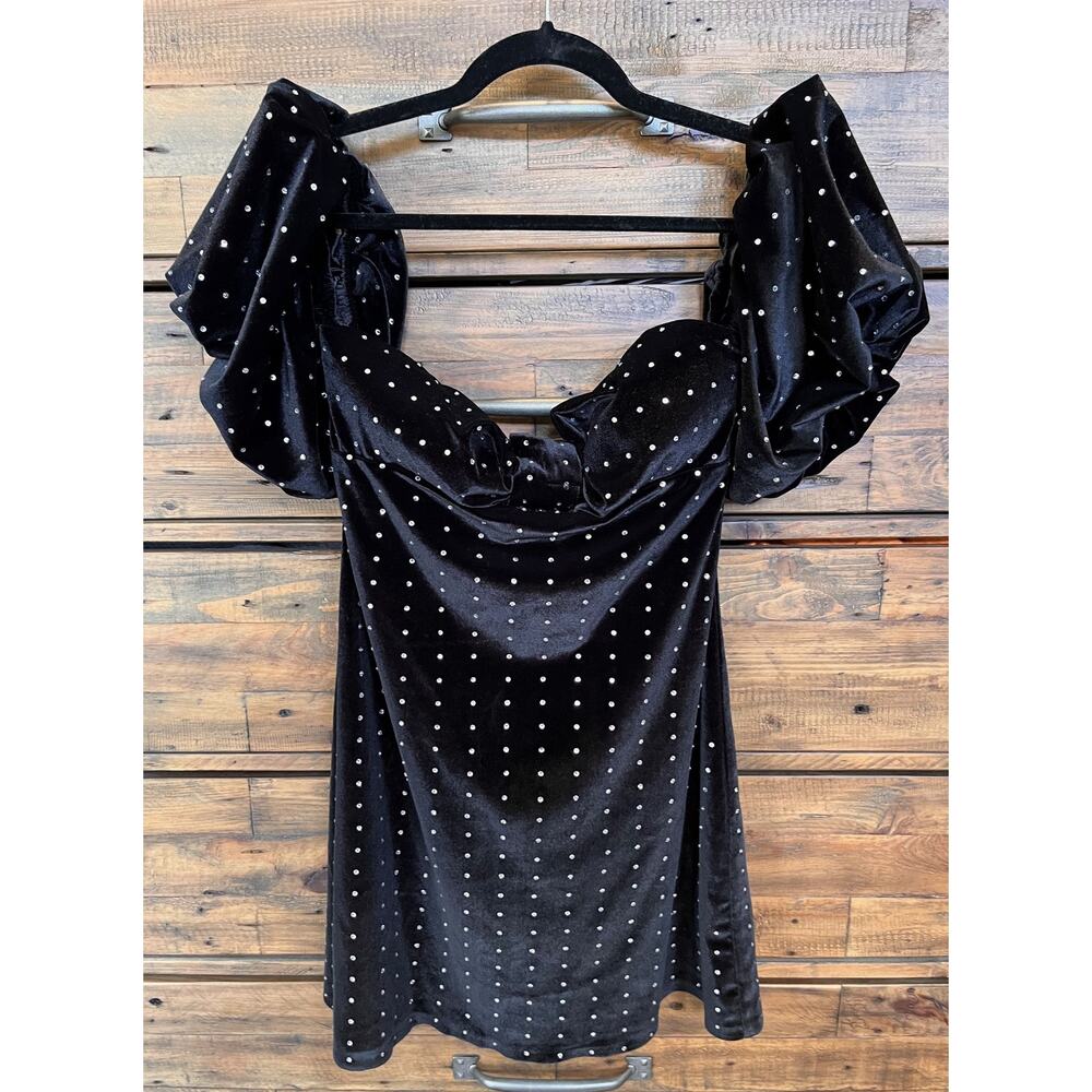 Nocturne Dress Womens Large Black Velvet Crystal Polka Dot Puff Sleeve Party L40